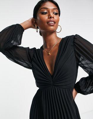 Black Pleated Bodice Plunge Neck Midi Dress