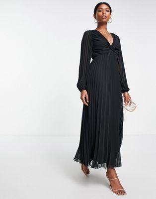 Black Pleated Bodice Plunge Neck Midi Dress