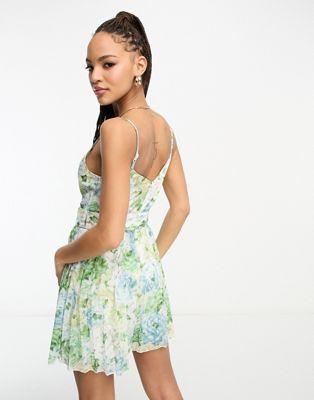 Blue Floral Sweetheart Neck Pleated Romper
