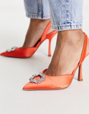 All Dressed Up Embellished Slingback Heels in Orange