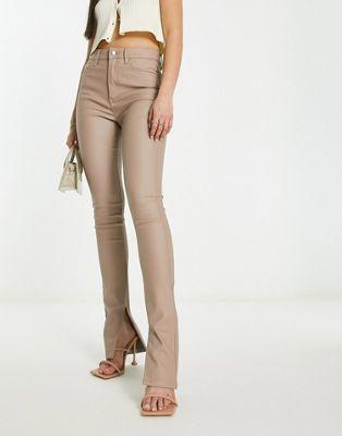 Beige Coated Skinny Kick Flare Jeans