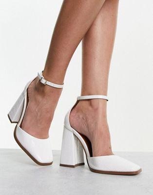 Pyra White Croc Square Toe Block Heels
