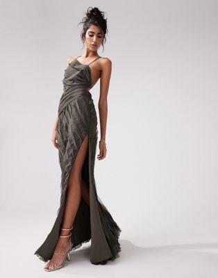 Asymmetric Raw Edge Maxi Dress in Charcoal Gray