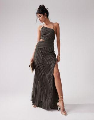 Asymmetric Raw Edge Maxi Dress in Charcoal Gray