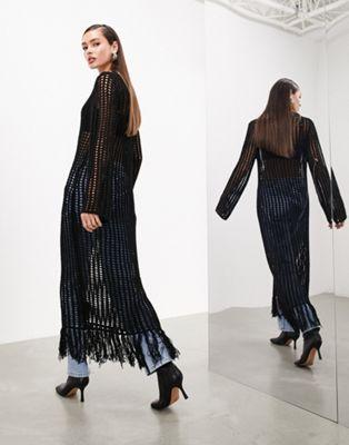 Black Open Knit Maxi Dress with Tassels