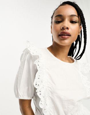 JDY Petite Eyelet Peplum Blouse in White Cotton