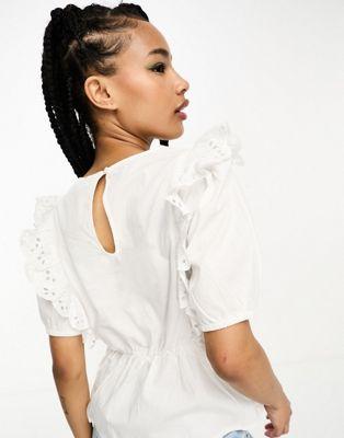 JDY Petite Eyelet Peplum Blouse in White Cotton