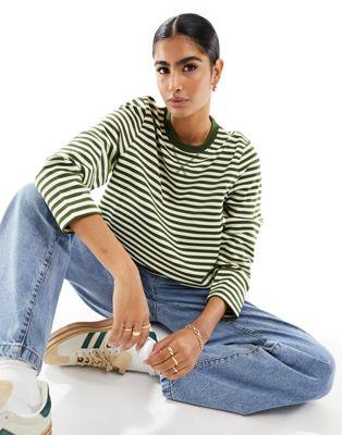 Mango Stripe Crew Neck Sweatshirt in White & Green