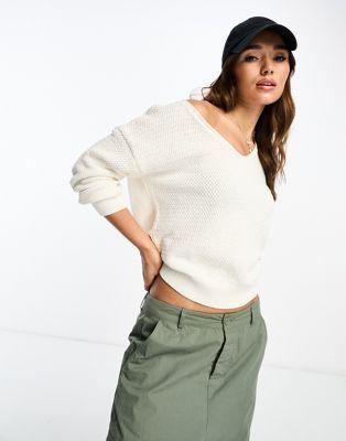 Mango V-Neck Cotton Sweater in Cream