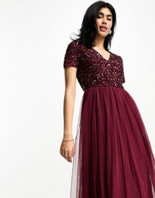 Maya Sequin Tulle Maxi Dress in Wine