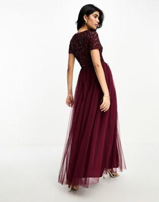 Maya Sequin Tulle Maxi Dress in Wine