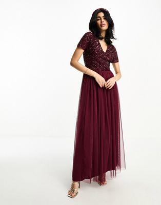 Maya Sequin Tulle Maxi Dress in Wine