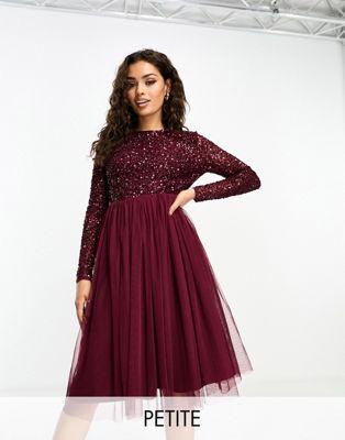 Maya Petite Sequin Tulle Midi Dress in Wine