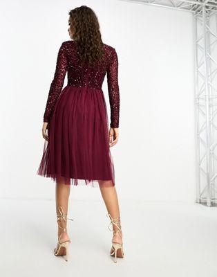 Maya Petite Sequin Tulle Midi Dress in Wine