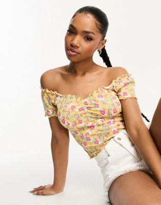 Monki Yellow Floral Gathered Off-the-Shoulder Top