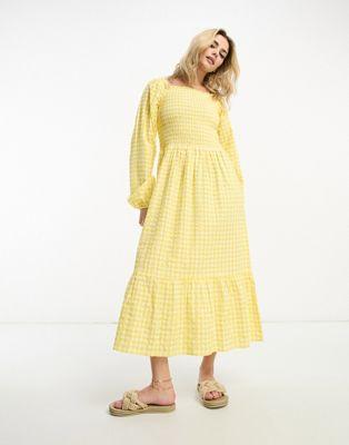 Monki Yellow Gingham Seersucker Midi Dress
