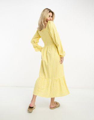 Monki Yellow Gingham Seersucker Midi Dress