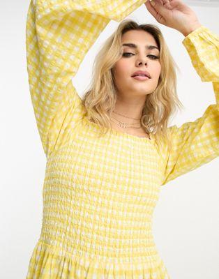 Monki Yellow Gingham Seersucker Midi Dress