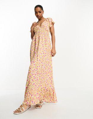Monki Yellow Floral Shirred Waist Maxi Dress