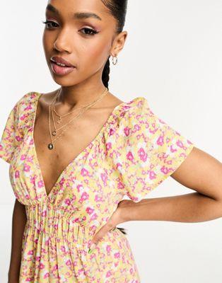 Monki Yellow Floral Shirred Waist Maxi Dress