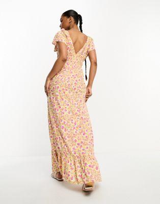 Monki Yellow Floral Shirred Waist Maxi Dress