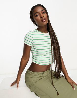 Monki Shrunken Baby T-Shirt in White & Green Stripe