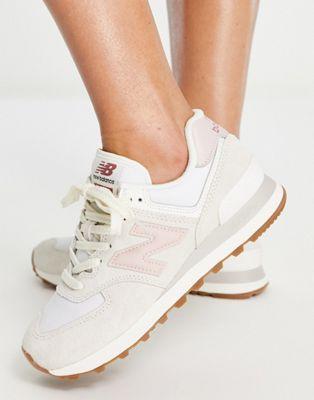 New Balance 574 Suede & Mesh Sneakers in Off-White and Pink