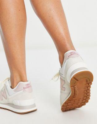 New Balance 574 Suede & Mesh Sneakers in Off-White and Pink