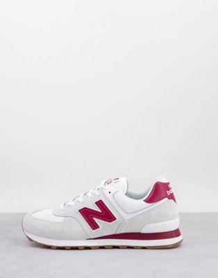 New Balance 574 Suede & Leather Sneakers in White & Red