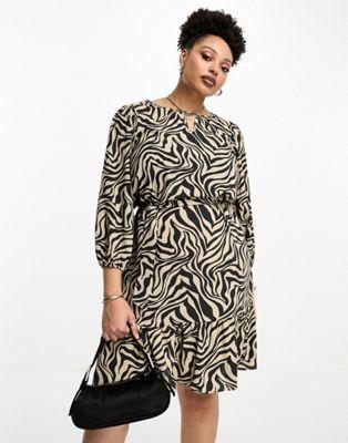 Only Curve Zebra Print Puff Sleeve Belted Mini Dress