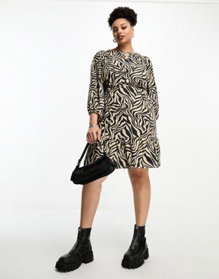 Only Curve Zebra Print Puff Sleeve Belted Mini Dress