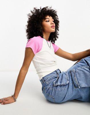 Only Contrast Raglan T-Shirt in White and Pink
