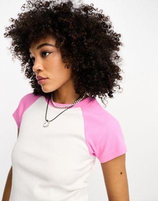 Only Contrast Raglan T-Shirt in White and Pink