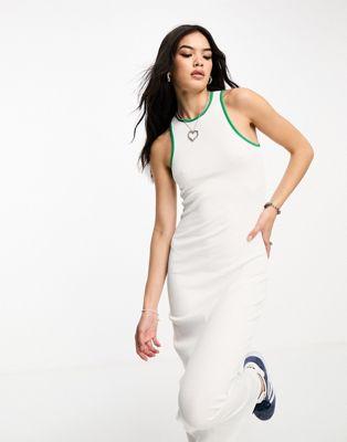 Only Ribbed Racer Neck Maxi Dress in White & Green