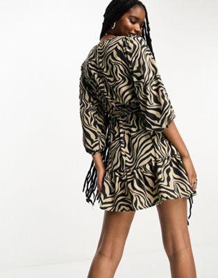 Only Zebra Print Puff Sleeve Belted Mini Dress