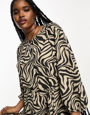 Only Zebra Print Puff Sleeve Belted Mini Dress