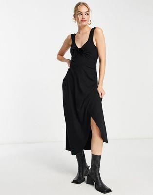 Black Ribbed Jersey Twist Front Midi Dress