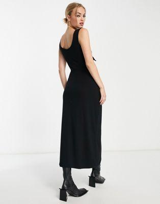 Black Ribbed Jersey Twist Front Midi Dress