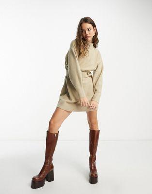 Beige Knit Belted Mini Dress