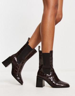 Brown Croc Leather Heeled Boots