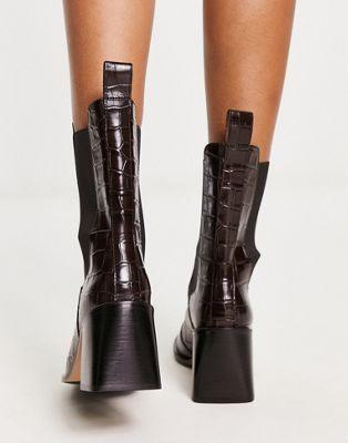 Brown Croc Leather Heeled Boots