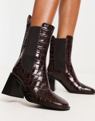 Brown Croc Leather Heeled Boots