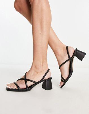 Black Leather Strappy Block Heel Sandals