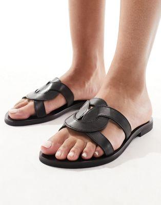 Black Leather Knot Detail Flat Sandals
