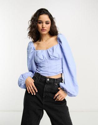 Blue Linen-Mix Corset Detail Blouse