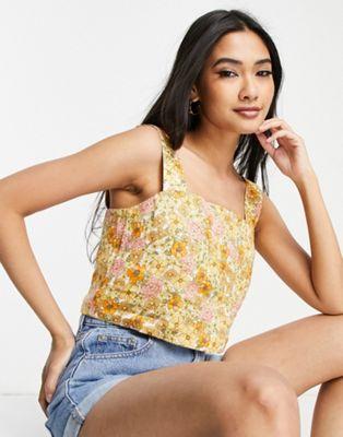Linen Floral Strappy Top in Yellow