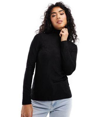 Black Jacquard High Neck Long Sleeve Top