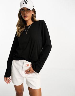 Black Cotton Long Sleeve Crew Neck Top