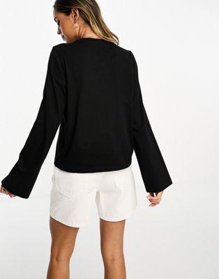 Black Cotton Long Sleeve Crew Neck Top