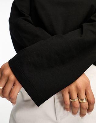 Black Cotton Long Sleeve Crew Neck Top